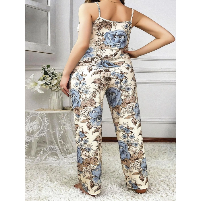 MARSiLYAN-  Büyük Beden Mavi Çiçek Desenli İnce Askılı 2li Saten Pijama
