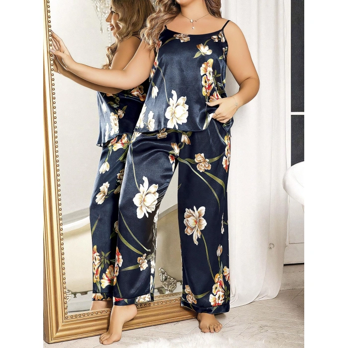 MARSiLYAN- Büyük Beden Mavi Üstüne Çiçek Desenli İnce Askılı 2li Saten Pijama Takımı