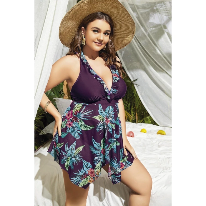 MARSiLYAN- Büyük Beden Mor Üstüne Çiçek Desenli Boyundan Bağlamalı Elbise