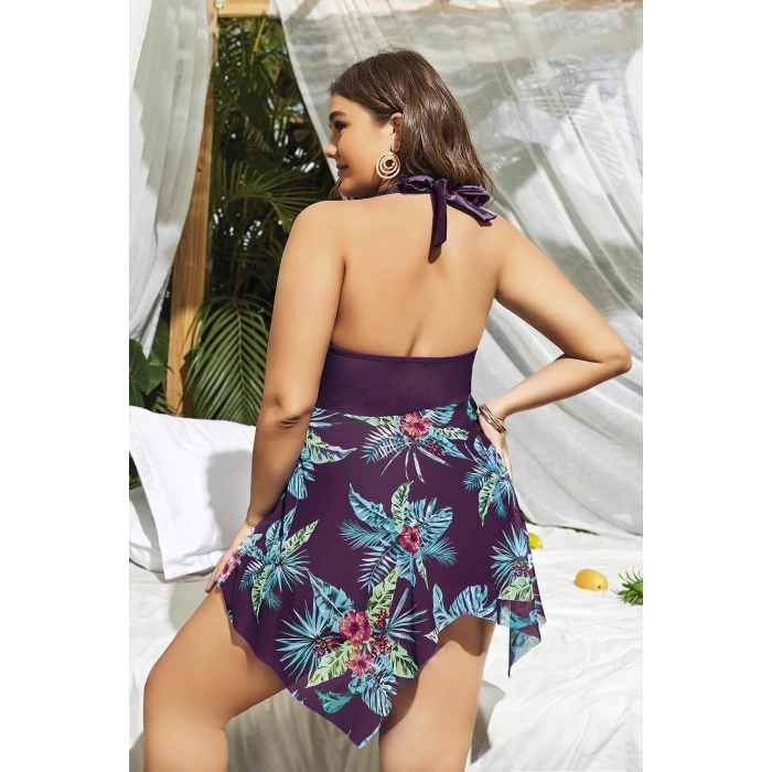 MARSiLYAN-  Büyük Beden Mor Üstüne Çiçek Desenli Boyundan Bağlamalı Elbise