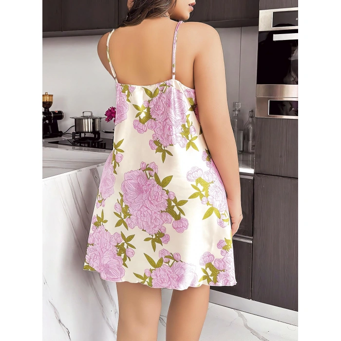 MARSiLYAN-  Büyük Beden Saten Çiçek Desenli Dantel İşlemeli Yırtmaçlı İnce Askılı Gecelik