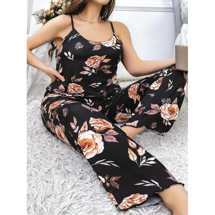 MARSiLYAN-  Büyük Beden Siyah Üstüne Çiçek Desenli İnce Askılı 2li Pijama Takımı