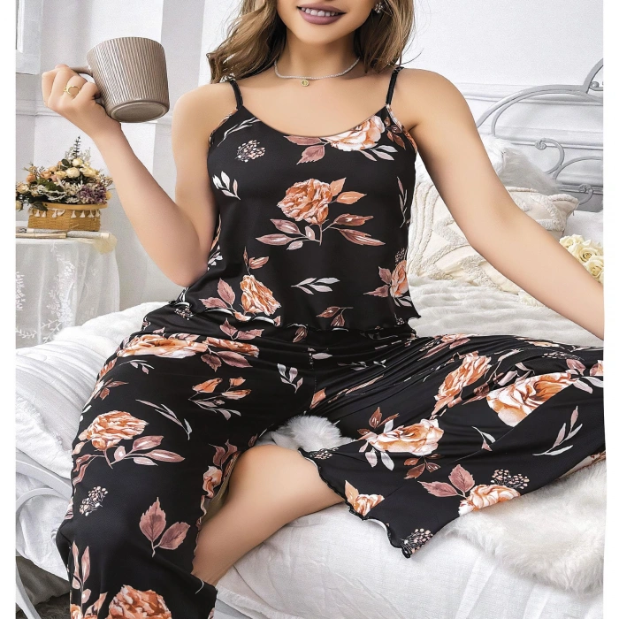 MARSiLYAN-  Büyük Beden Siyah Üstüne Çiçek Desenli İnce Askılı 2li Pijama Takımı