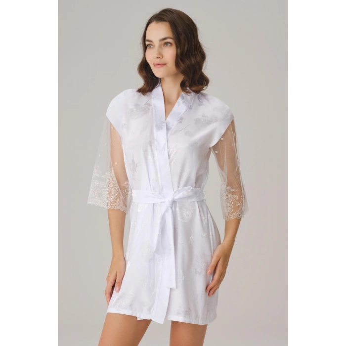 MARSiLYAN- Çeyizlik Uzun Kol V Yaka Kadın Saten Düz Yazlık Mini Dantel Detaylı Sabahlık