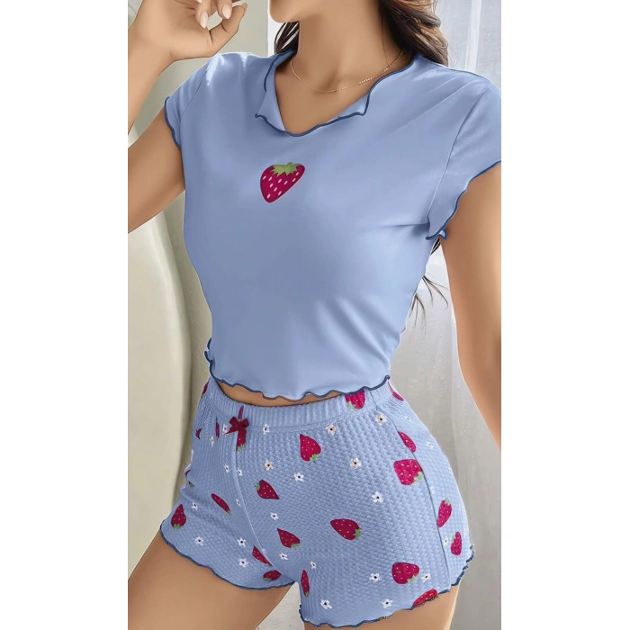 MARSiLYAN- Çilek Desenli Mavi Seksi Pijama Takım