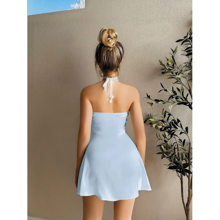 MARSiLYAN- Dantel İşlemeli Boyundan Bağlamalı Mavi Saten Gecelik