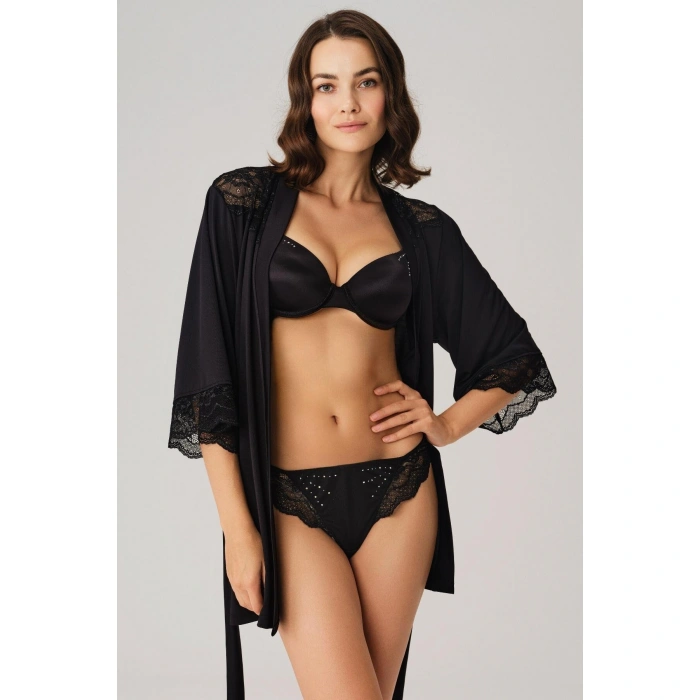 MARSiLYAN- Dantelli Sabahlık Balenli Destekli Dolgulu Taşlı Sütyen Ve String 3lü Takım