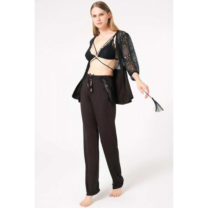 MARSiLYAN- Dantelli Sabahlık Balensiz Desteksiz Dolgusuz Yaka Detaylı Sütyen Ve Pantolon Pijama 3lü Takım