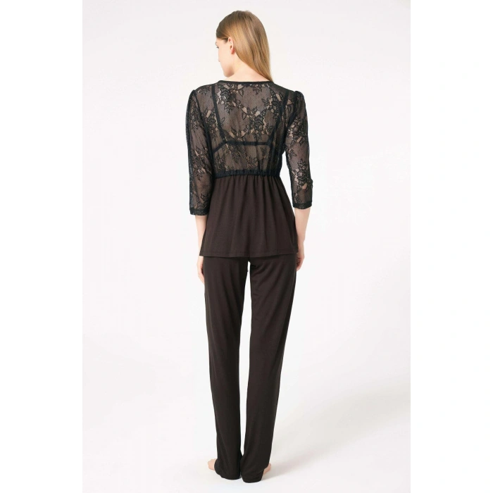 MARSiLYAN- Dantelli Sabahlık Balensiz Desteksiz Dolgusuz Yaka Detaylı Sütyen Ve Pantolon Pijama 3lü Takım