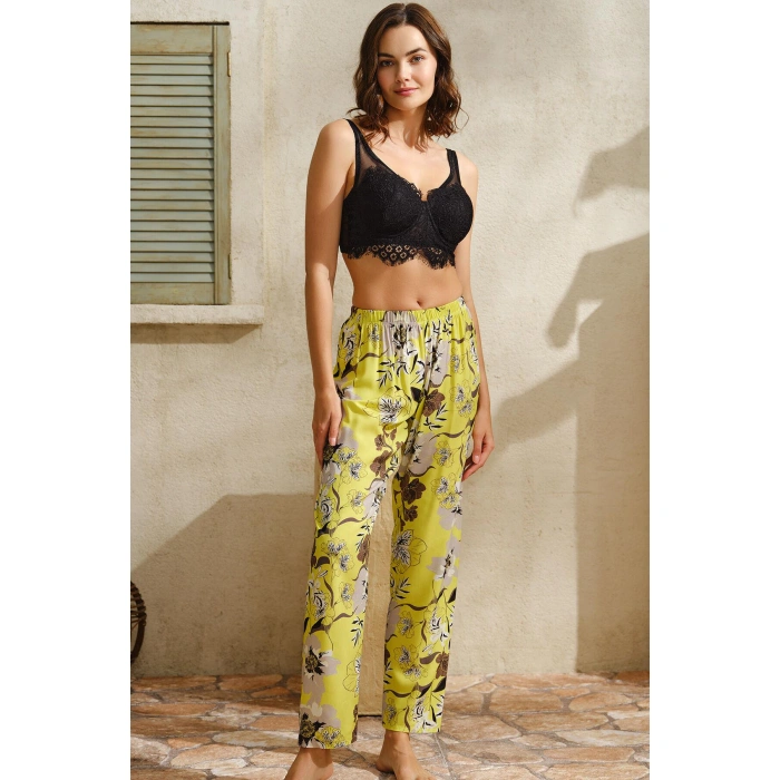 MARSiLYAN- Dokuma Viskon Çiçek Baskılı Dantelli Sabahlık Balenli Desteksiz Dolgusuz Büstiyer Sütyen Ve Pantolon Pijama 3lü Takım