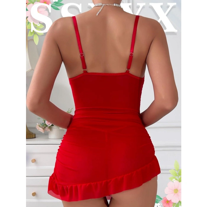 MARSiLYAN- Fırfırlı Dantel İşlemeli Tül Fantezi Kırmızı Gecelik