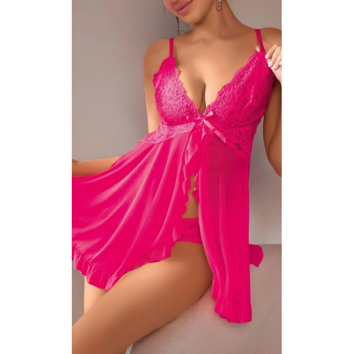 MARSiLYAN-  Fuşya Dantel İşlemeli Yırtmaçlı Transparan Fantezi Tül Gecelik