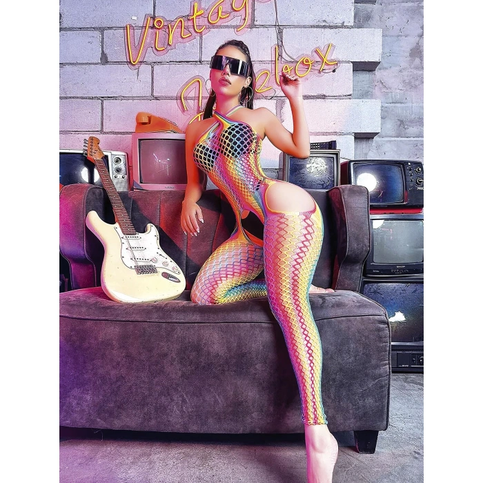 MARSiLYAN- Gökkuşağı Desenli Fileli Fantezi Vücut Çorabı