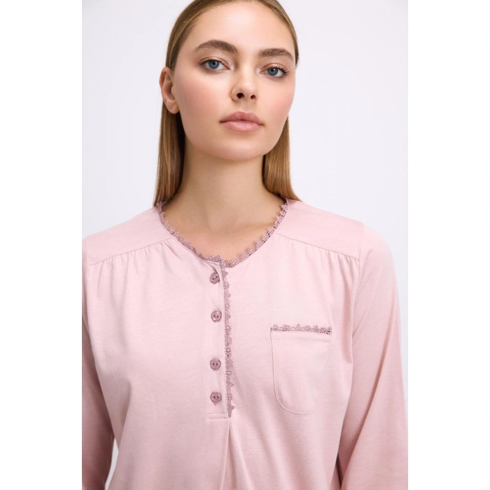 MARSiLYAN- Gül Kurusu Modal Pamuklu Uzun Kollu Düğmeli 2li Pijama Takımı