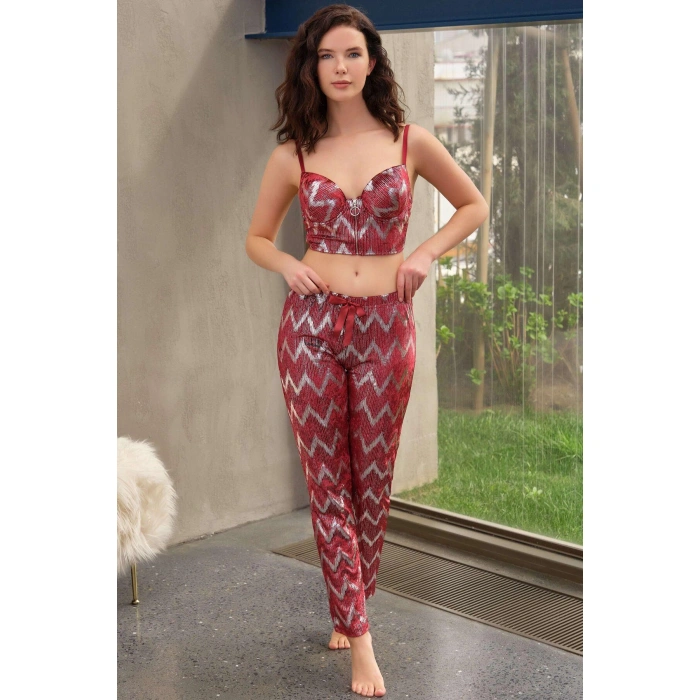 MARSiLYAN- Kadife Balenli Destekli Dolgulu Parlak Baskılı Fermuar Detaylı Büstiyer Ve Pantolon Pijama Takım