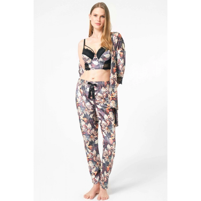 MARSiLYAN- Kadife Çiçek Desenli Sabahlık Balenli Destekli Dolgulu Yaka Detaylı Dantelli Büstiyer Sütyen Ve Pantolon Pijama 3lü Takım