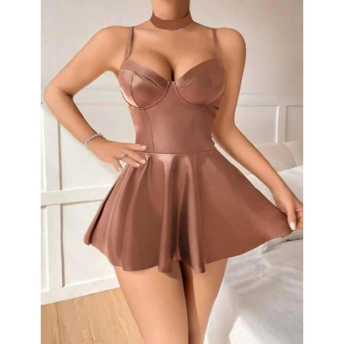 MARSiLYAN- Kahverengi Etekli Pileli Fantezi Deri Elbise