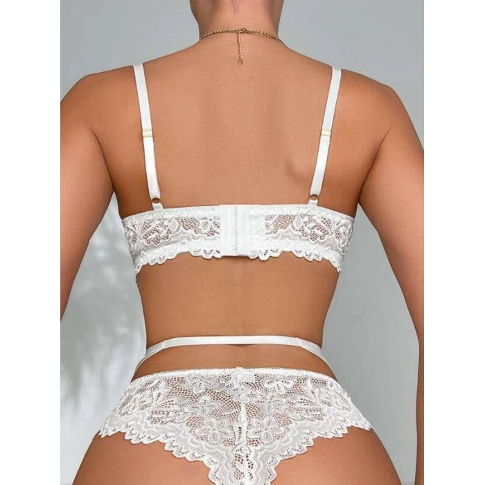 MARSiLYAN- Kalp Aksesuarlı Dantelli Fantezi Beyaz Jartiyer Takım