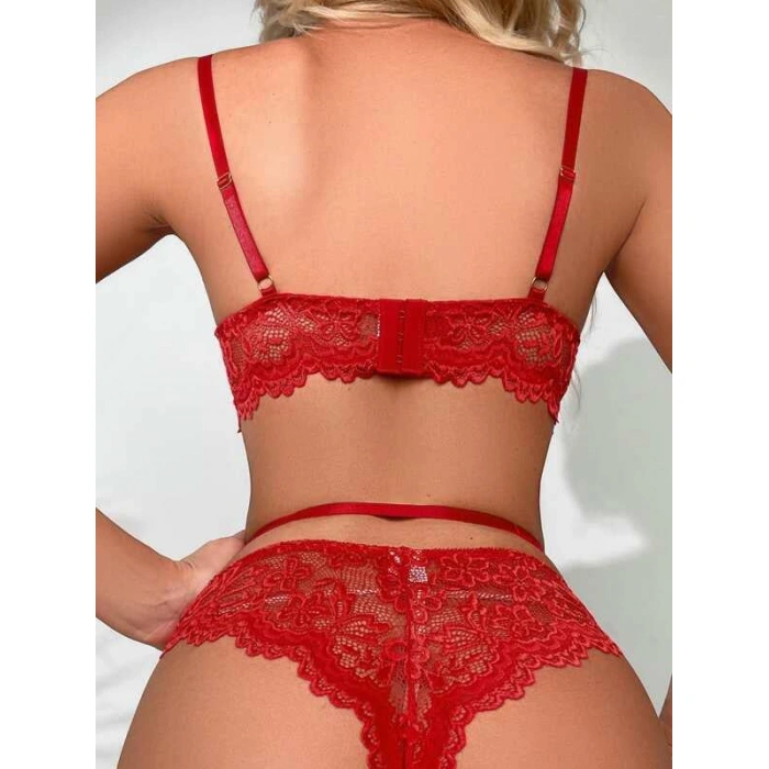 MARSiLYAN- Kalp Aksesuarlı Dantelli Fantezi Kırmızı Jartiyer Takım