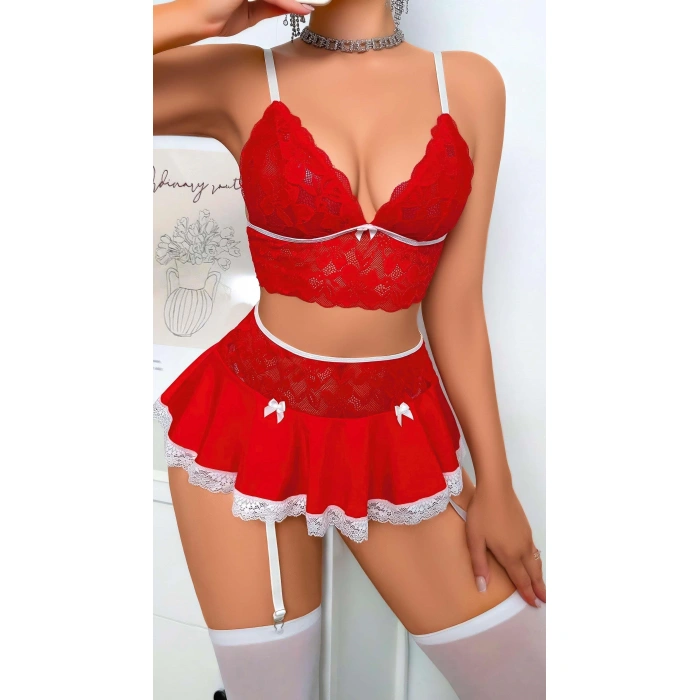 MARSiLYAN- Kırmızı Dantel İşlemeli Büstiyerli Etekli Fantezi Kostüm