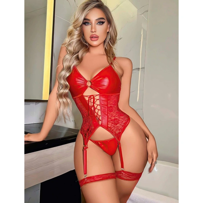 MARSiLYAN- Kırmızı Dantel İşlemeli Büstiyerli Fantezi Deri Jartiyer Takımı