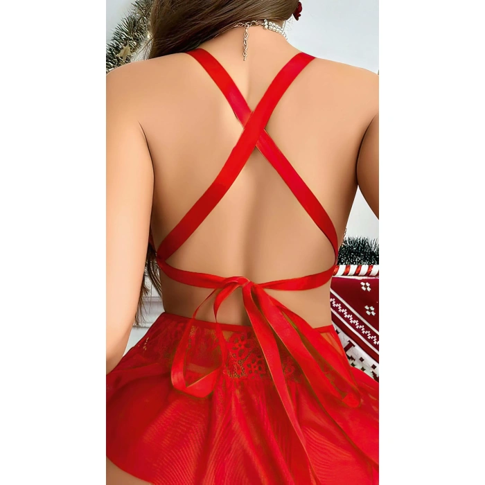 MARSiLYAN- Kırmızı Dantel İşlemeli Etekli Sütyen Fantezi Takım