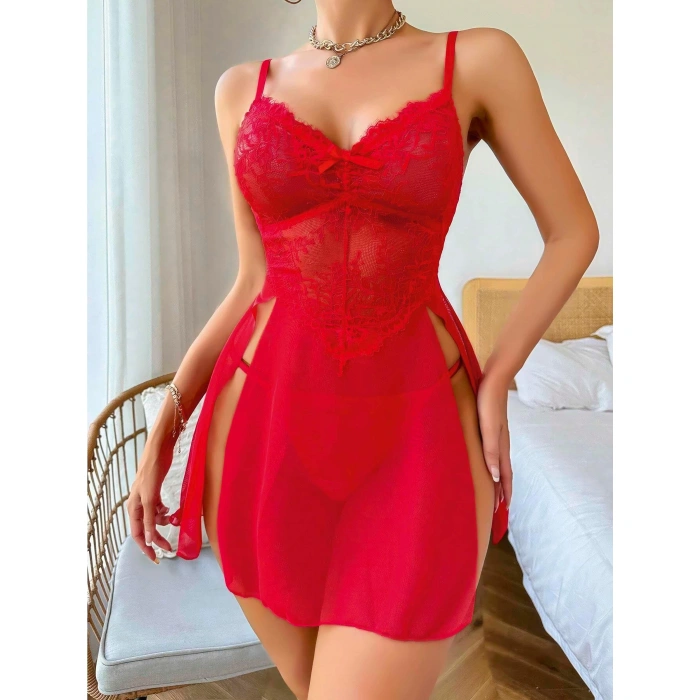 MARSiLYAN- Kırmızı Dantel İşlemeli Fiyonk Detaylı Yanları Dekolteli Fantezi Gecelik