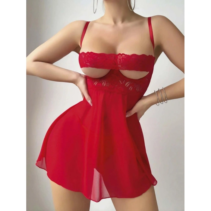 MARSiLYAN- Kırmızı Dantel İşlemeli Göğüs Dekolteli Fantezi String Tül Gecelik Takımı