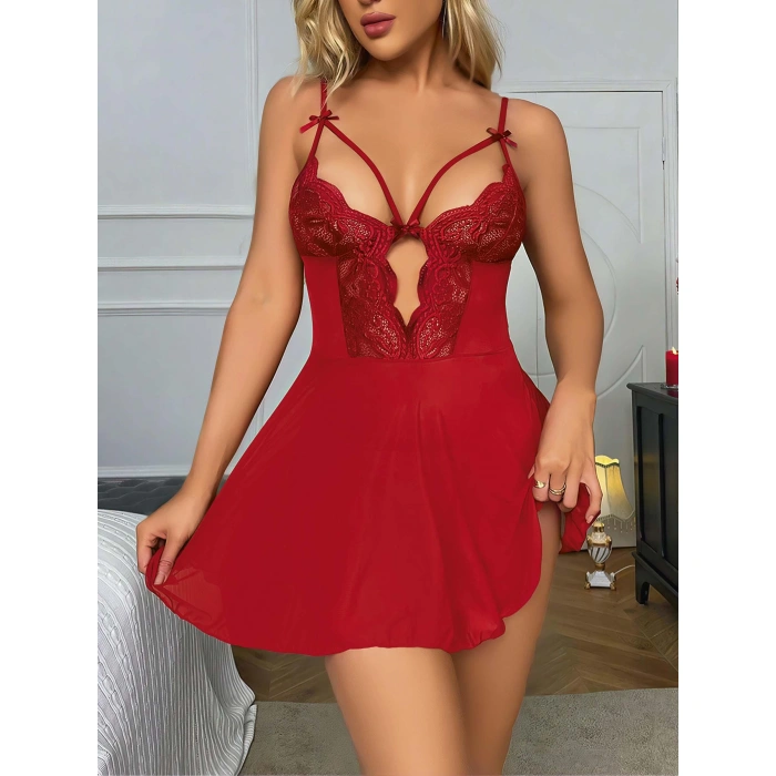 MARSiLYAN-  Kırmızı Dantel İşlemeli Göğüs İp Detaylı Fantezi Tül Gecelik Takımı