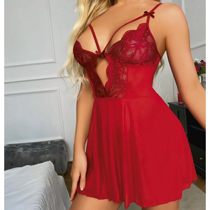 MARSiLYAN-  Kırmızı Dantel İşlemeli Göğüs İp Detaylı Fantezi Tül Gecelik Takımı