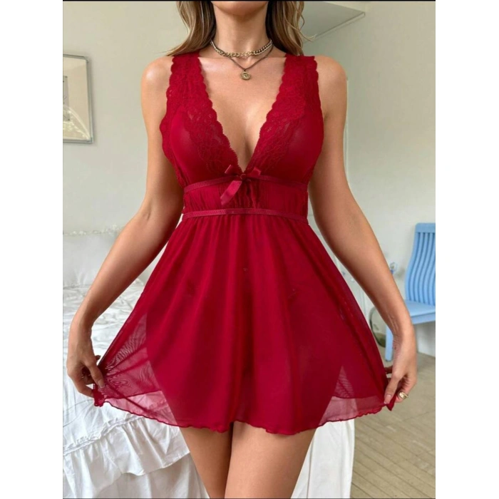 MARSiLYAN- Kırmızı Dantel İşlemeli Tül Fantezi Gecelik