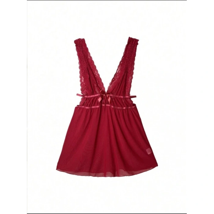 MARSiLYAN-  Kırmızı Dantel İşlemeli Tül Fantezi Gecelik