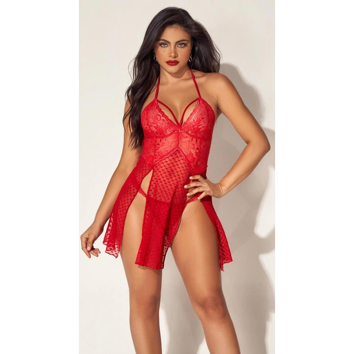 MARSiLYAN- Kırmızı Dantelli Boyundan Askılı Göğüs Detay Gecelik Takımı