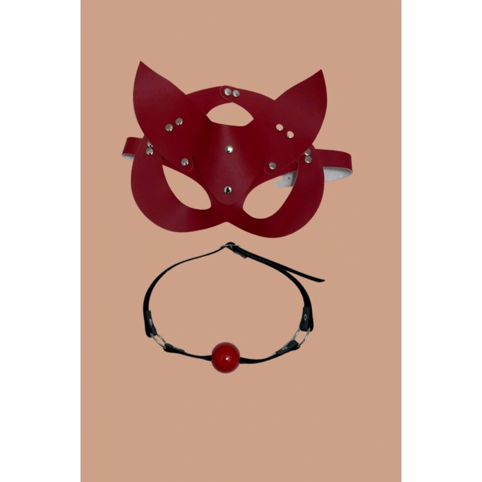 MARSiLYAN- Kırmızı Deri Maske Ve Ağız Topu Harness Aksesuar