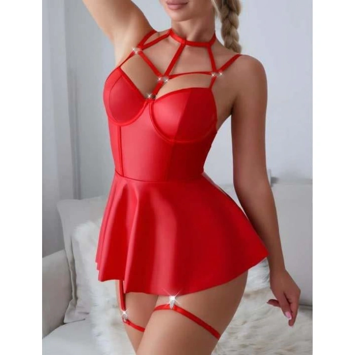 MARSiLYAN- Kırmızı Fantezi Parlak Deri Şık Club Elbise