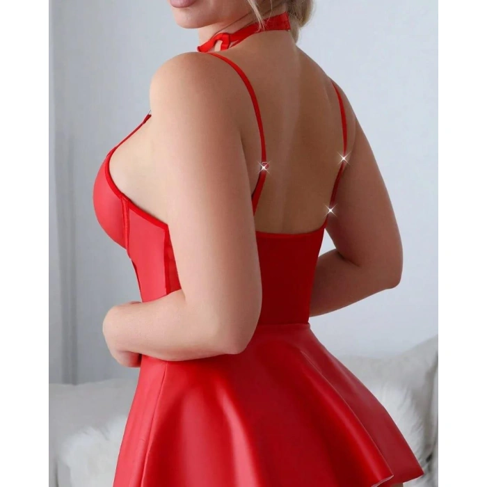 MARSiLYAN- Kırmızı Fantezi Parlak Deri Şık Club Elbise