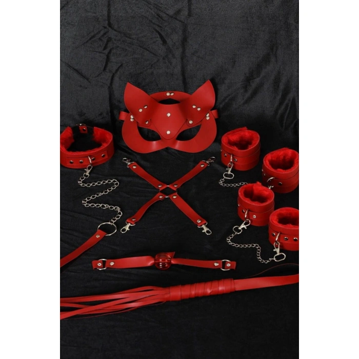MARSiLYAN- Kırmızı İçi Tüğlü Maske,kol,bacak,ağız Topu,kırbaç,tasma Set 700938