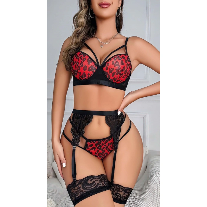 MARSiLYAN-  Kırmızı Leopar Desenli Fantezi Jartiyer Takımı