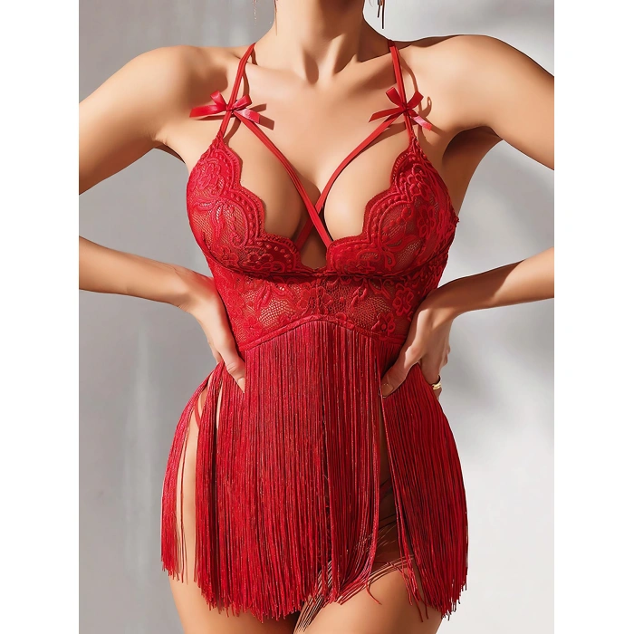 MARSiLYAN- Kırmızı Püsküllü Dantel Detaylı Fantezi Gecelik