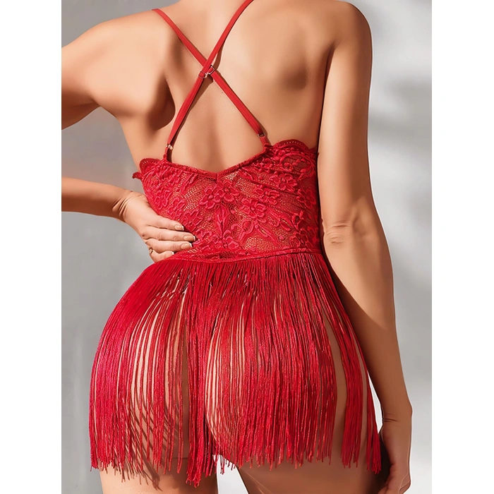 MARSiLYAN- Kırmızı Püsküllü Dantel Detaylı Fantezi Gecelik