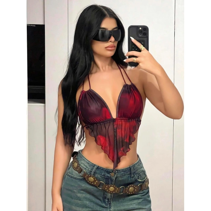 MARSiLYAN- Kırmızı Siyah Desenli İnce Askılı Üçgen Kesim Crop