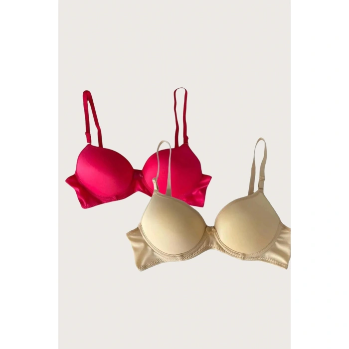 MARSiLYAN- Kırmızı-ten 2li Mikro Kumaş İçi Boş Balenli Günlük Desteksiz Sütyen