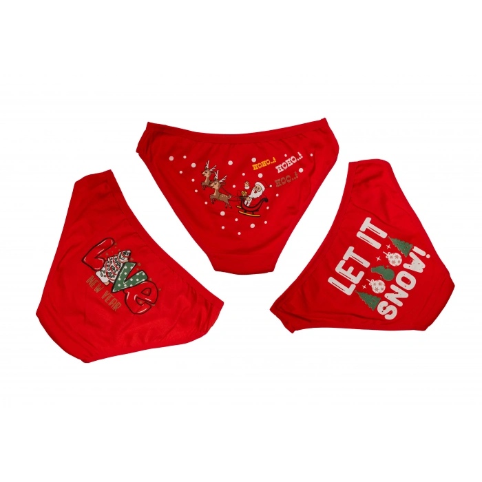 MARSiLYAN-  Kırmızı Yılbaşı Desenli 3lü Pamuklu Külot Takımı