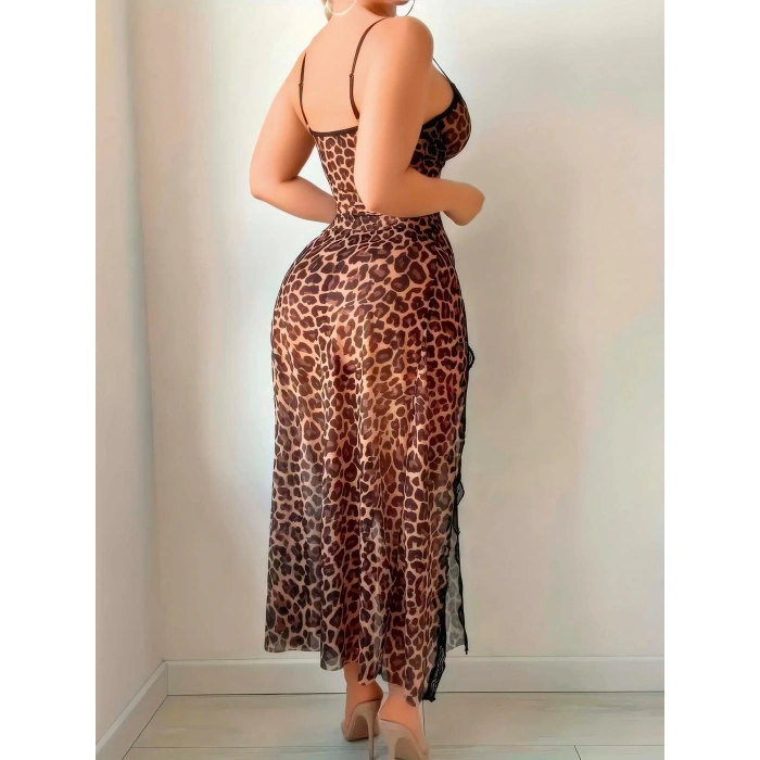 MARSiLYAN-  Leopar Desenli Yırtmaçlı Fantezi Uzun Gecelik