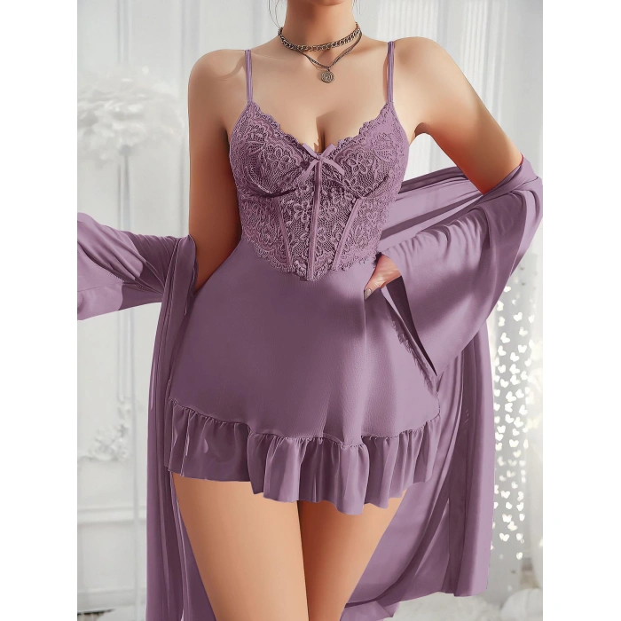 MARSiLYAN- Özel Tasarım Dantel İşlemeli Fırfırlı Sabahlıklı 2li Mor Gecelik Takımı