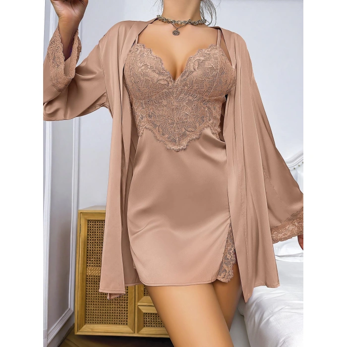 MARSiLYAN- Özel Tasarım Dantel İşlemeli Şık Göğüs Dekolteli Sabahlıklı 2li Saten Gecelik Takımı