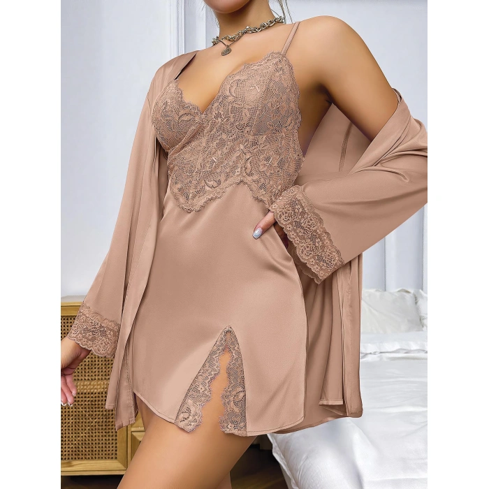 MARSiLYAN- Özel Tasarım Dantel İşlemeli Şık Göğüs Dekolteli Sabahlıklı 2li Saten Gecelik Takımı