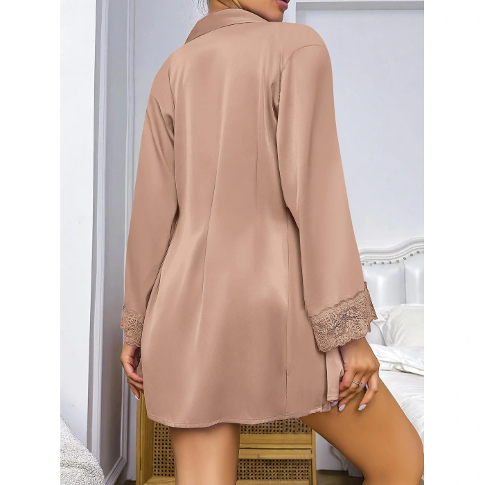 MARSiLYAN- Özel Tasarım Dantel İşlemeli Şık Göğüs Dekolteli Sabahlıklı 2li Saten Gecelik Takımı