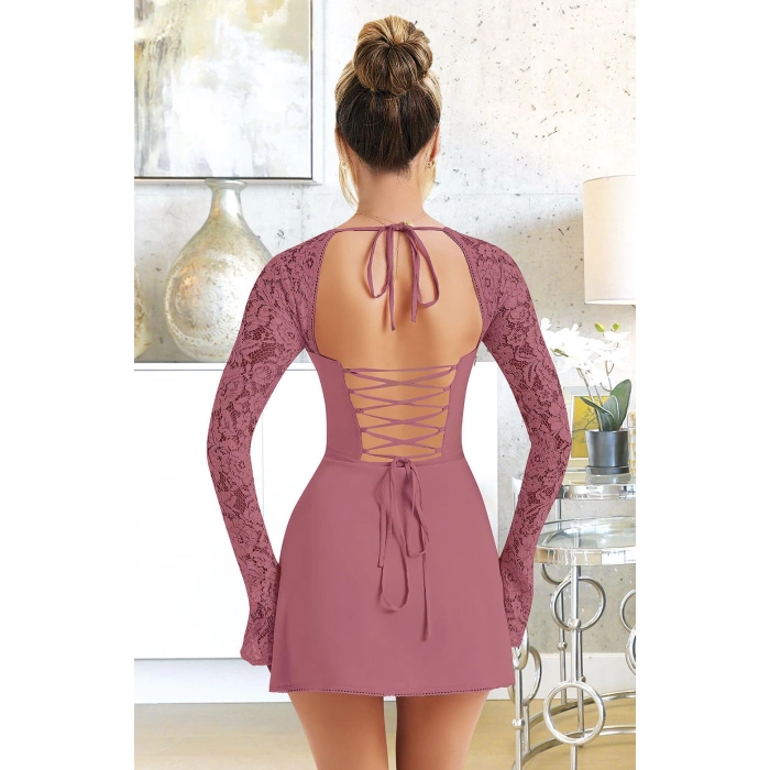 MARSiLYAN- Özel Tasarım Dantel İşlemeli Şık Uzun Bolerolu Fuşya Fantezi Mini Club Elbisesi