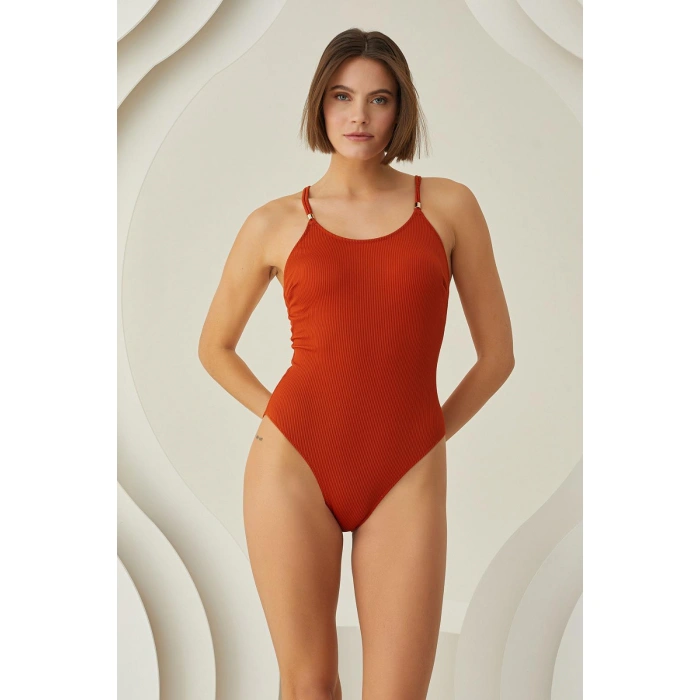 MARSiLYAN- Özel Tasarım Fitilli Kiremit Rengi Mayo